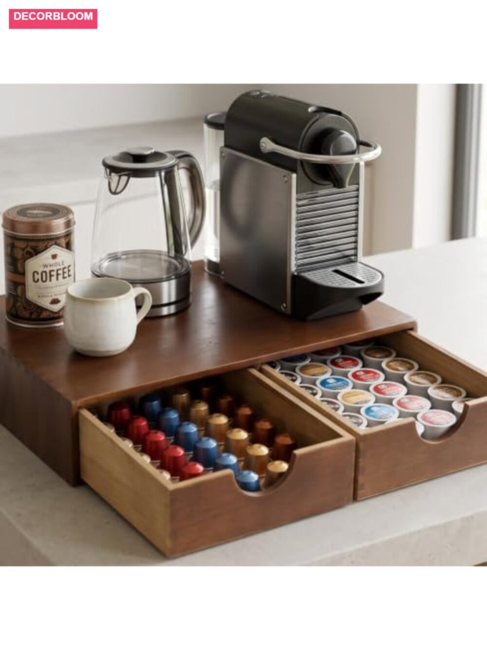 Wooden Coffee Pod Drawer Organizer Countertop Storage Stand Holds 30 Pods